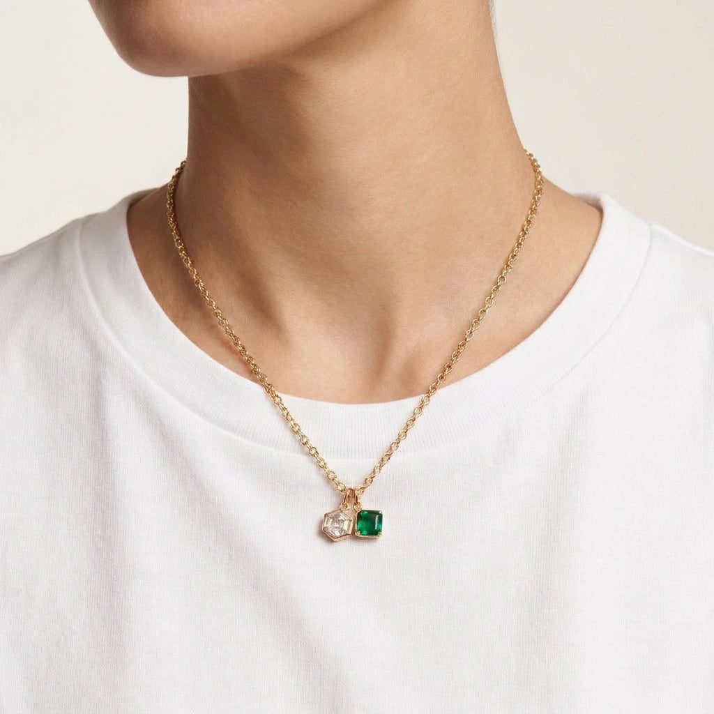 Hexagonal Diamond & Emerald Compass Pendant